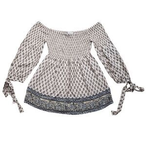 Socialite Blouse Top Womens Small Floral  Tray Neck Casual Tie Sleeve